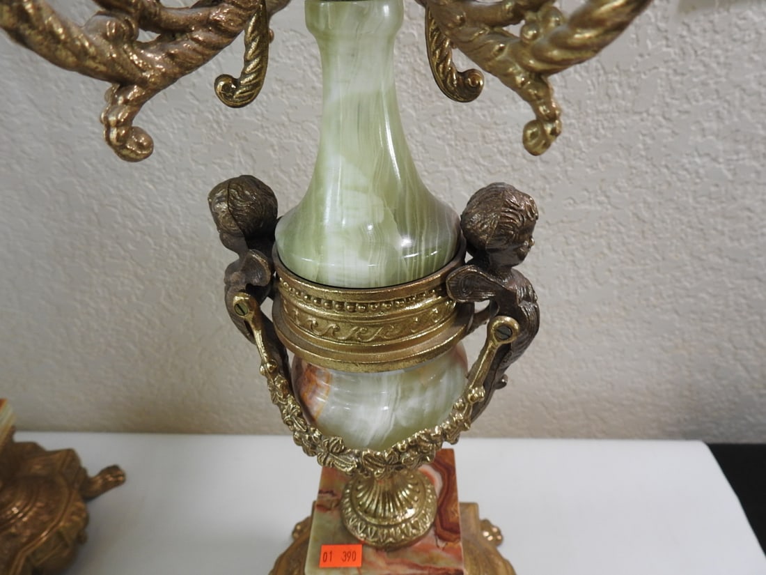 Pair of Monumental Italian Gilt Metal & Banded Onyx Seven-Light Candelabra - 2