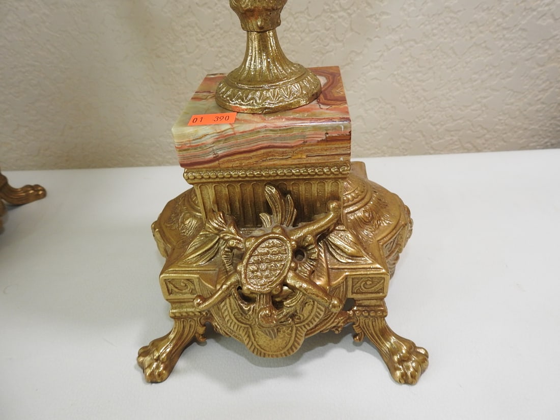 Pair of Monumental Italian Gilt Metal & Banded Onyx Seven-Light Candelabra - 4