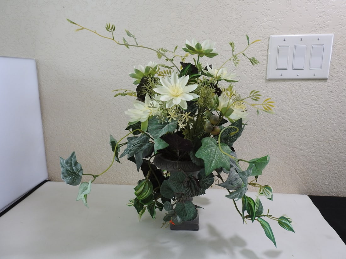 Classic European Style Silk Flower Arrangement: Classic European Style Silk Flower Arrangement. Base is faux stone painted ceramic Approx. 9 x 10 x 10 in.