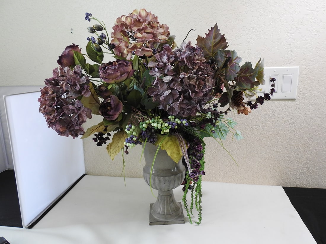 Classic European Style Silk Flower Arrangement: Classic European Style Silk Flower Arrangement. With Friutys and Flowers, Base is faux stone painted metal Approx. 26 x 24 x 24 in.