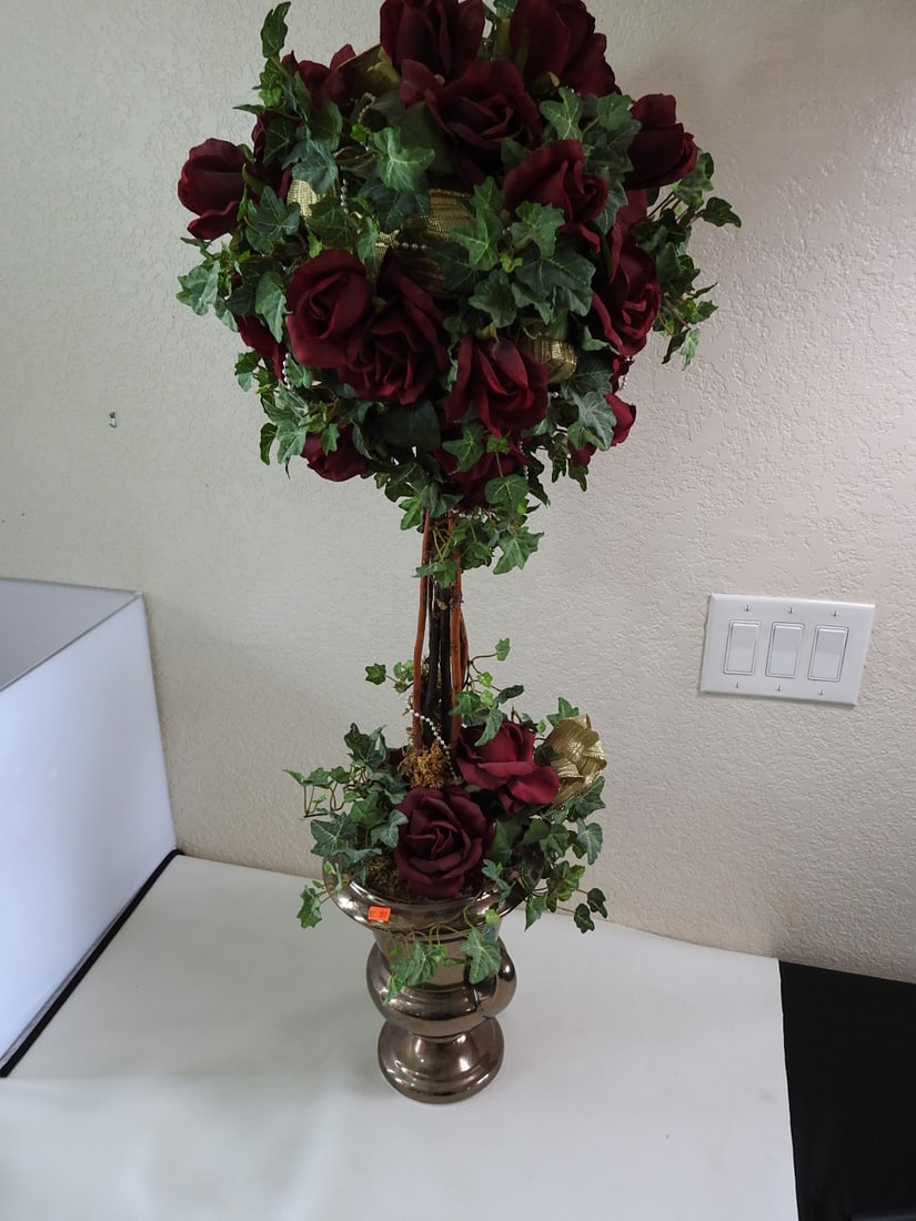 Classic European Style Topiary Silk Flower Arrangement: Classic European Style Topiary Silk Flower Arrangement. faux metal painted Ceramic Base Approx. 39 x 14 x 14 in.