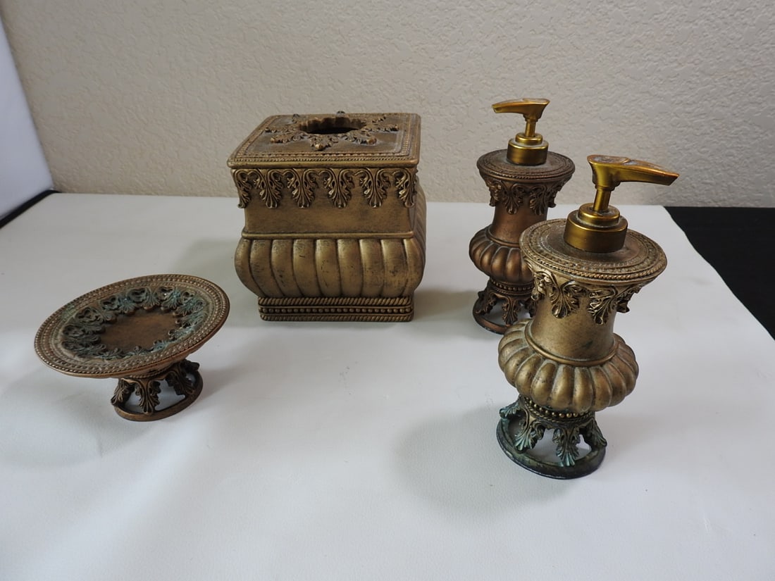 Classic European Style Bathroom set: Classic European Style Bathroom set. Faux alabaster and bronze Made of resinIncluded in set Soap dish, Liquid soap bottle, lotion bottle, tissue holder Approx. 10 x 7.5 x 7.5 in.