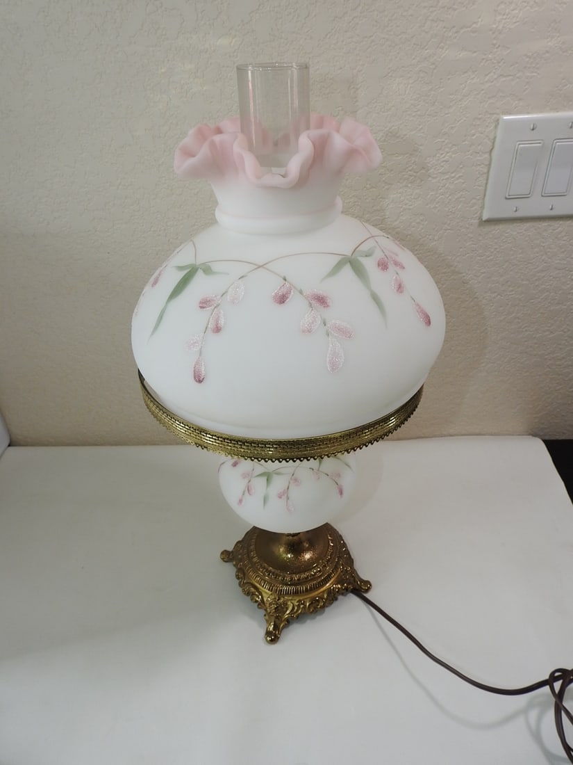 Vintage Fenton Lamp: Vintage Fenton Lamp. hand-painted by Deborah Cuthawe, brass base Approx. 22.5 x 11 x 11 in.