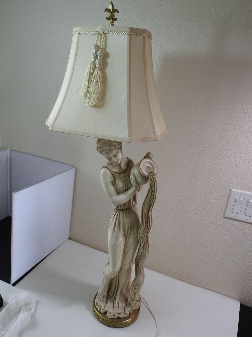 Grecian Woman Lamp: Grecian Woman Lamp. Rose Embossed Brass Base, plaster, Universal Statuary Corp chicago Serial #5-559 copyright date 1959 Approx. 39 x 14 x 10.5 in.