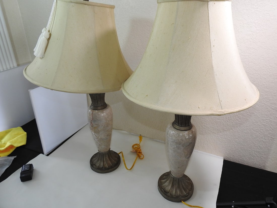 Pair of Classic Roman Style Lamps: Pair of classic Roman style lamps with hard resin bases and marble bodies. Approx. 33 x 18 x 18 in.