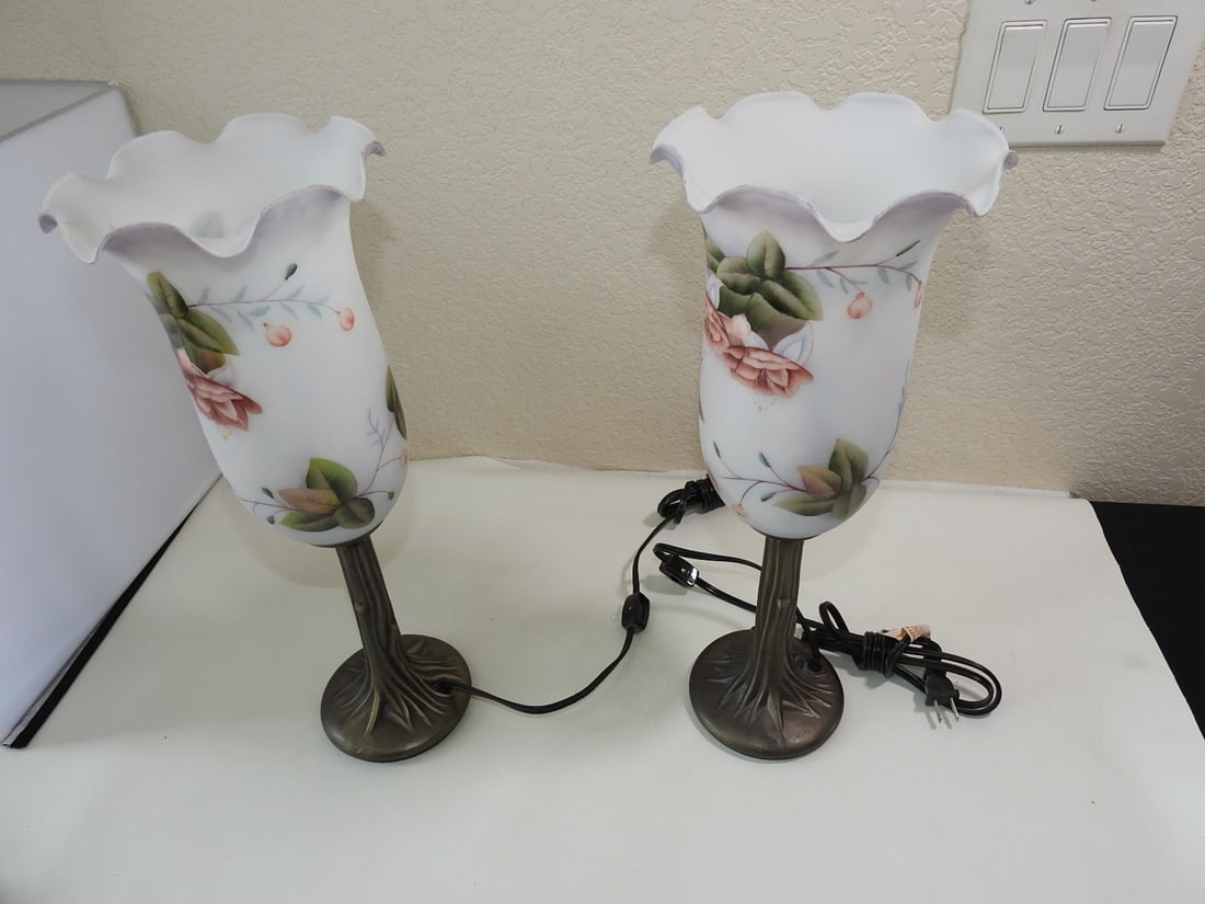Set of 2 Tulip Lamps: Set of 2 Tulip Lamps. Frosted Glass,Brass Metal Base Approx. 18 x 7.5 x 7.5 in.