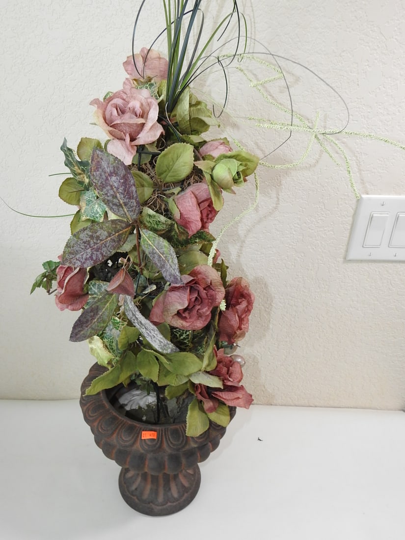 Classic European Style Topiary Silk Flower Arrangement: Classic European Style Topiary Silk Flower Arrangement. Faux stone painted Ceramic Base Approx. 28 x 10 x 10 in.