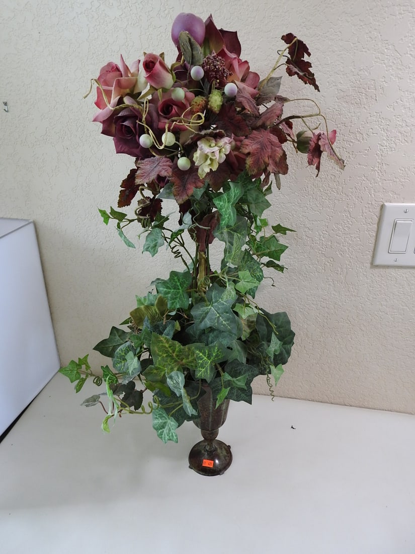 Classic European Style Topiary Silk Flower Arrangement: Classic European Style Topiary Silk Flower Arrangement. Faux stone painted metal Base Approx. 30 x 10 x 10 in.