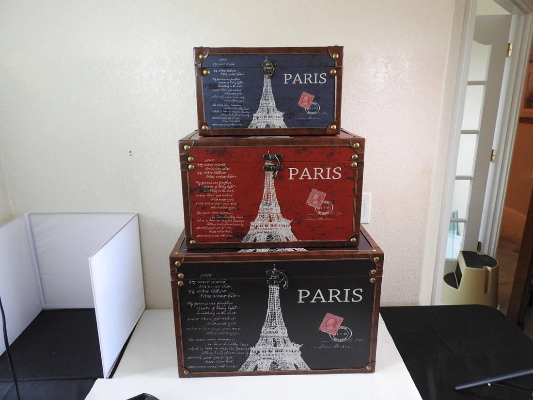 Studio Paris Decorative Nesting Box: Studio Paris Decorative Nesting Box. Set of 3, signs of wear Approx. 17 x 24.5 x 16 in.
