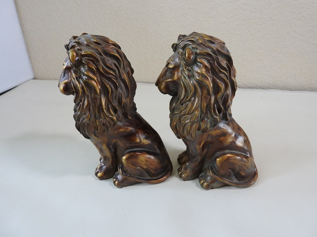 Pair of Classical Faux Bronze Lion Bookends: Pair of Classical Faux Bronze Lion Bookends. Hard Resin, Approx. 9 x 7.5 x 6.5 in.