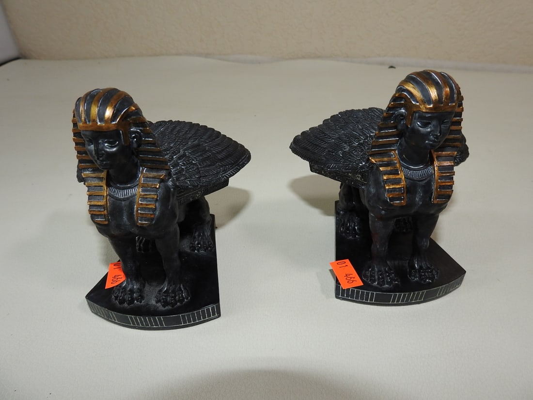4 of Egyptian Sphinx Bookends: 4 of Egyptian Sphinx Bookends. Faux Marble, resin, possible bookends Approx. 5 x 7.5 x 4 in.