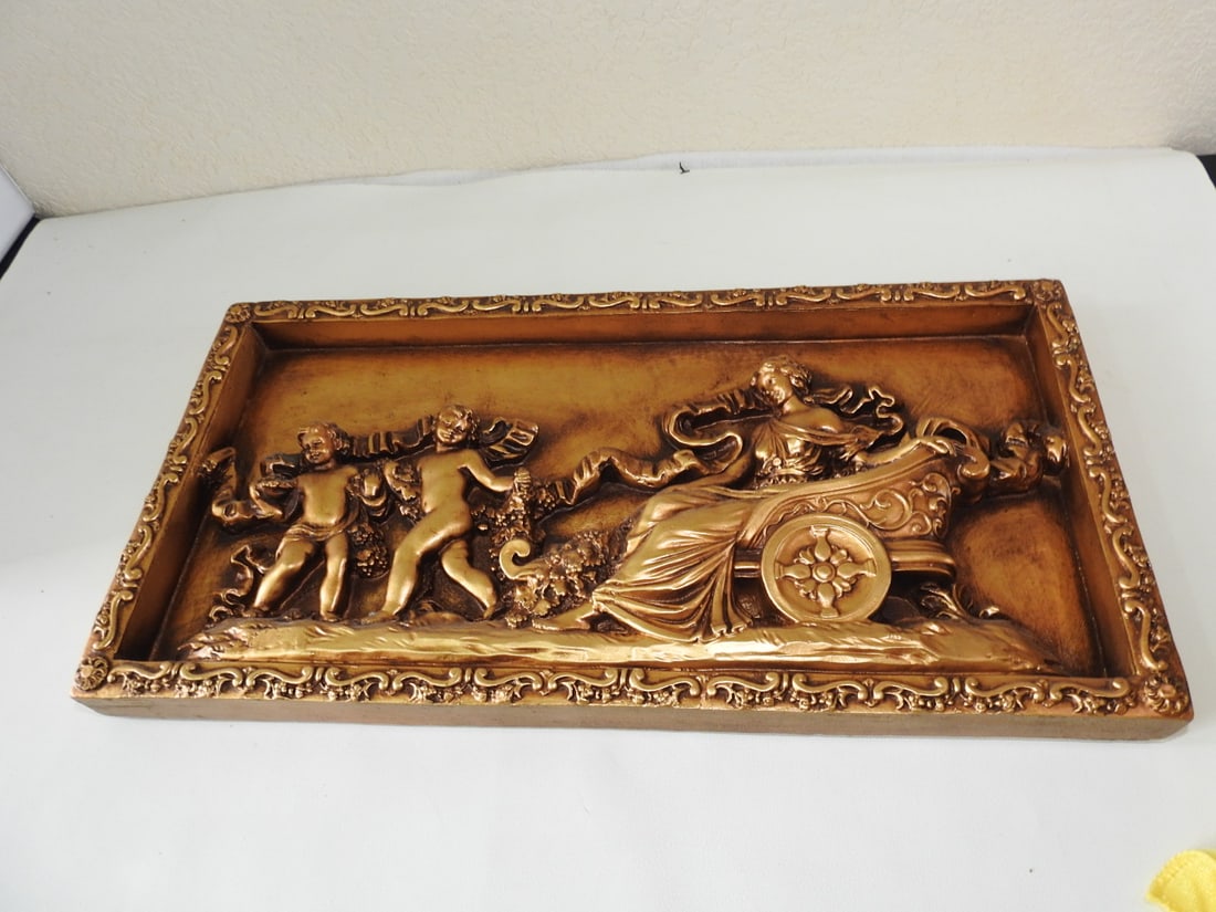 Roman Style Relief Wall Decor: Roman Style Relief Wall Decor. Plaster, scene of woman and cherubs,. greco roman art Approx. 11.5 x 22 x 2 in.