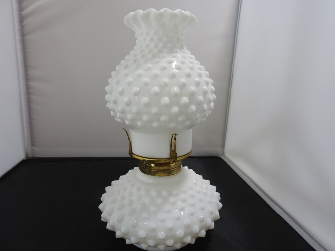 Fenton Milk Glass Hobnail Hurricane Oil Lamp - 2
