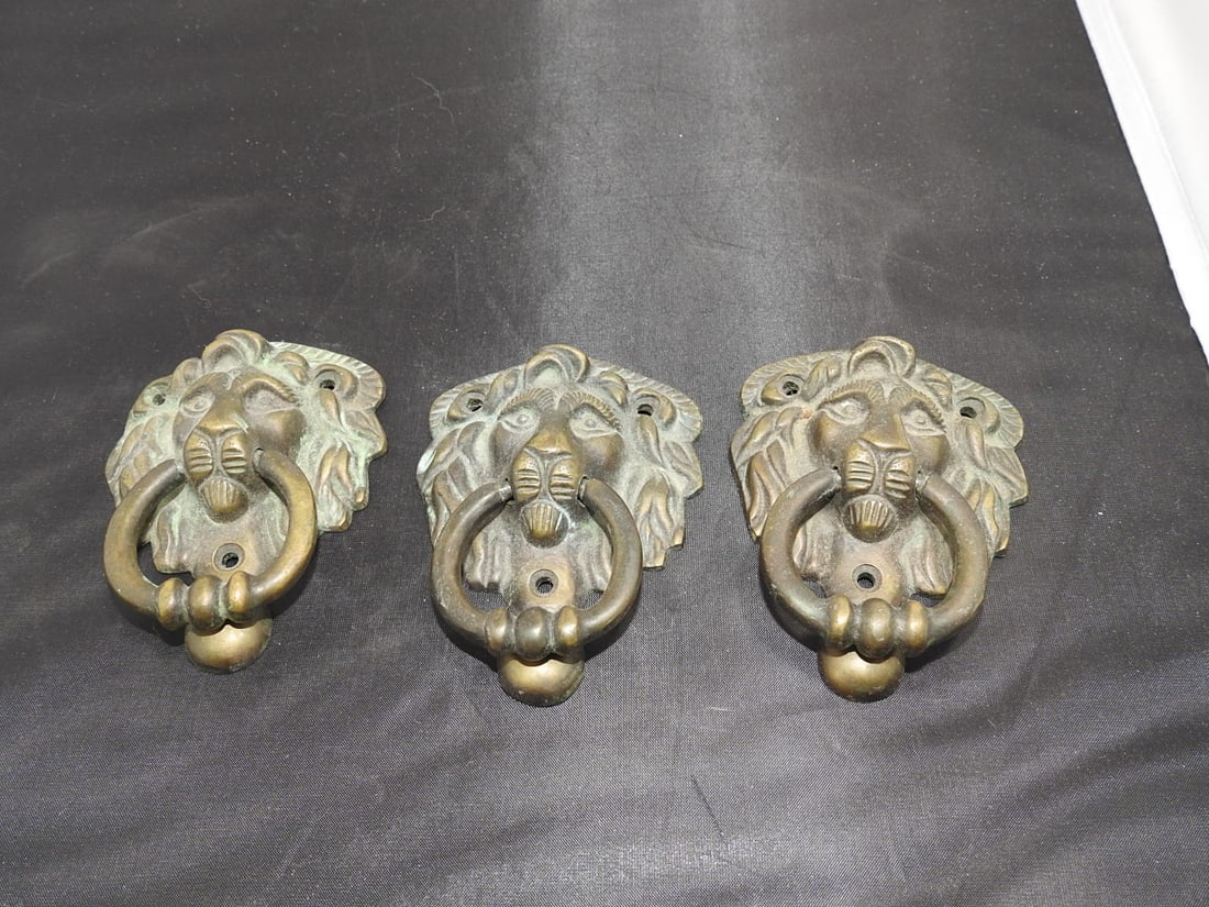 Set of Three Vintage Cast Brass Lion Head Drawer Pulls - 2