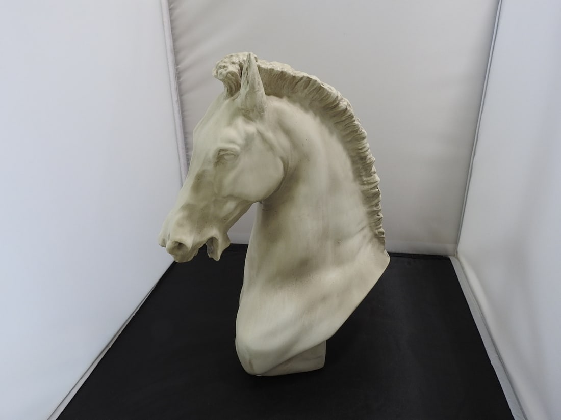 Horse of Torino Resin Horse Head Sculpture: Horse of Torino style resin horse head sculpture with marble-look finish. Serial no. NG32787; made in China. Approx. 12 x 5.25 x 8.5 in.