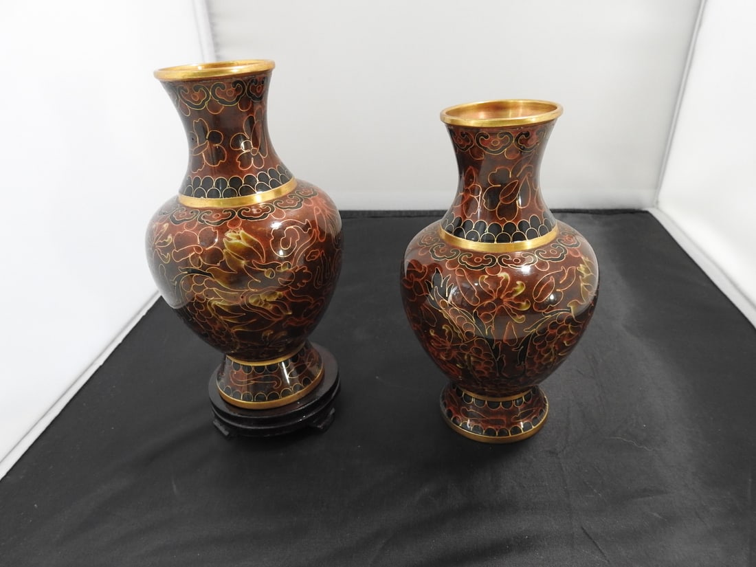 Pair of Vintage Chinese Cloisonne Dragon Vases: Pair of vintage Chinese cloisonne vases with red dragon decoration over brass base metal. Only one wooden display base is included. Measured as packed. Approx. 7.25 x 6.5 x 3.75 in.