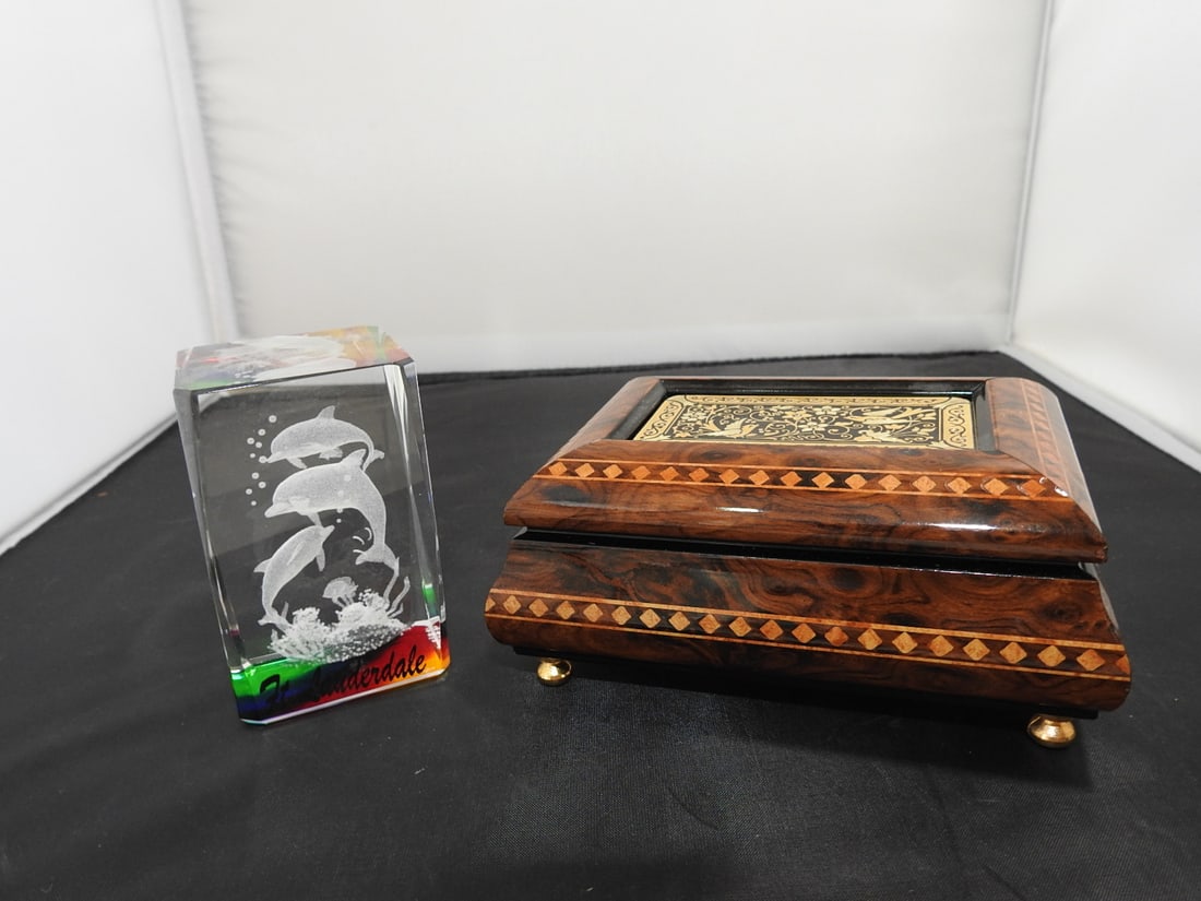 Tourist Souvenir Trinket Lot with Damascus Style Box: Lot of tourist travel trinkets including Damascus style wooden box and glass paperweight. Measured as a set. Approx. 3.5 x 7.5 x 4 in.