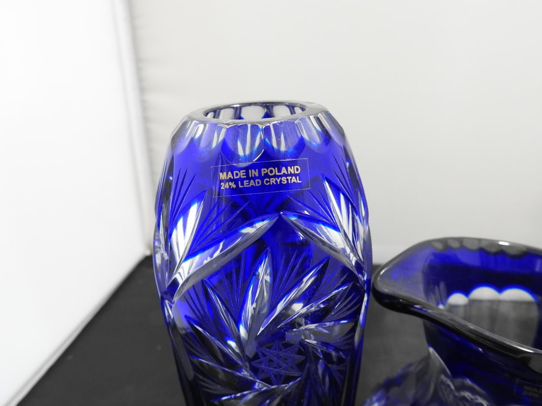 Pair of Cobalt Blue Cut Crystal Vase and Pitcher - 2