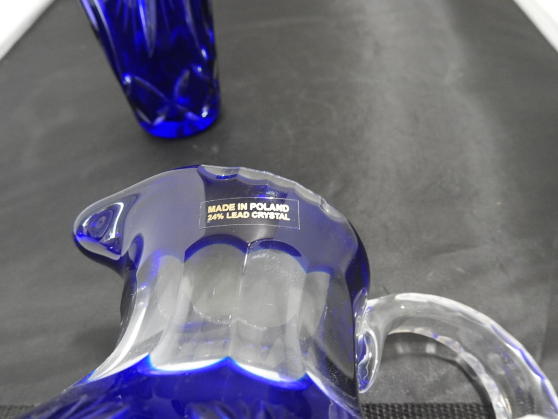 Pair of Cobalt Blue Cut Crystal Vase and Pitcher - 3