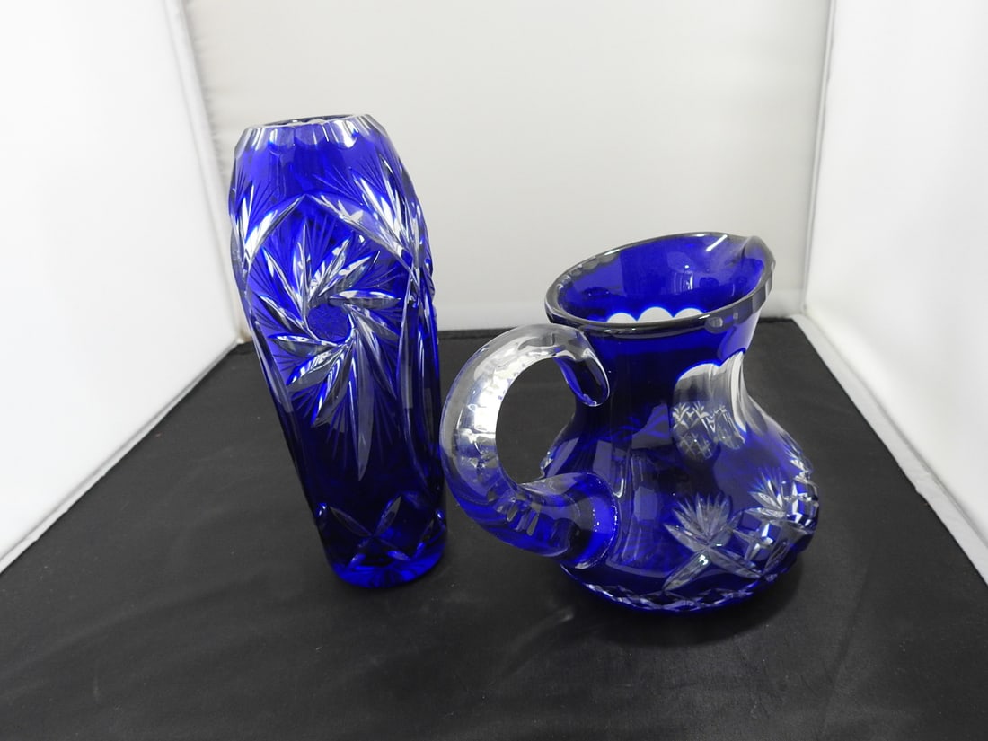Pair of Cobalt Blue Cut Crystal Vase and Pitcher - 5