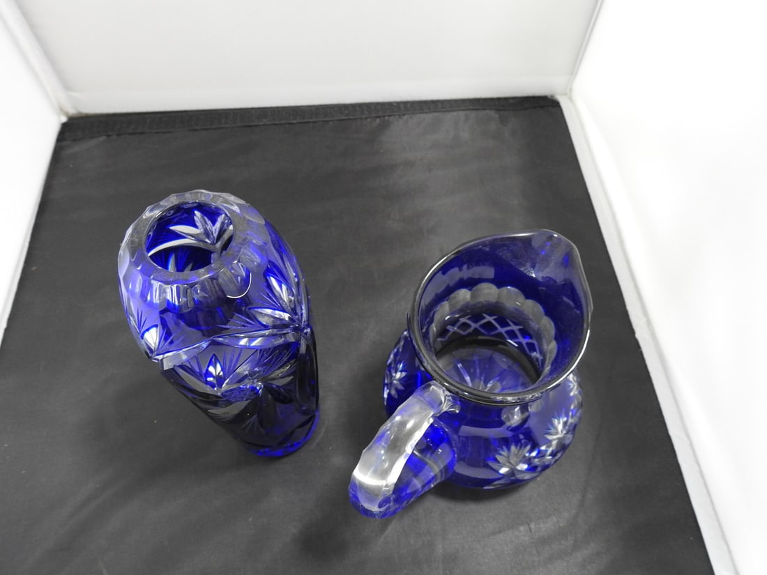 Pair of Cobalt Blue Cut Crystal Vase and Pitcher - 6