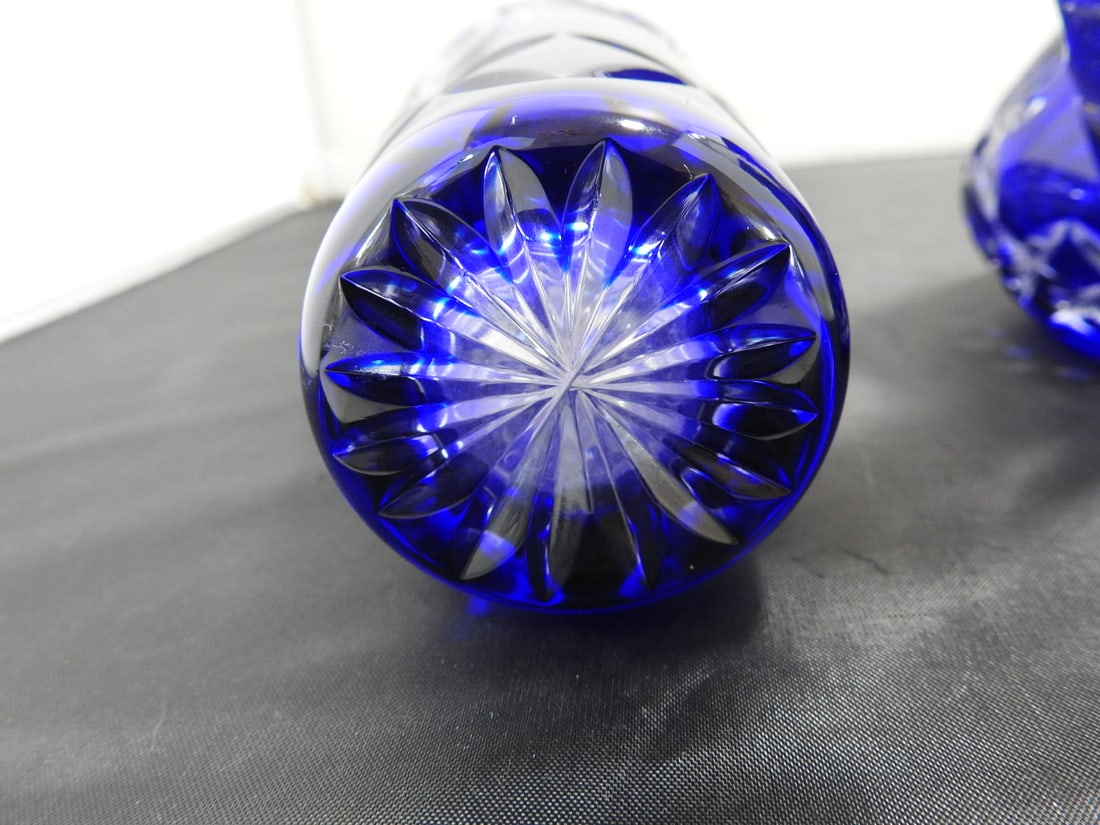 Pair of Cobalt Blue Cut Crystal Vase and Pitcher - 7