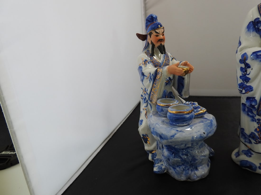 Vintage Fu Lu Shou Blue and White Porcelain Statues - 2