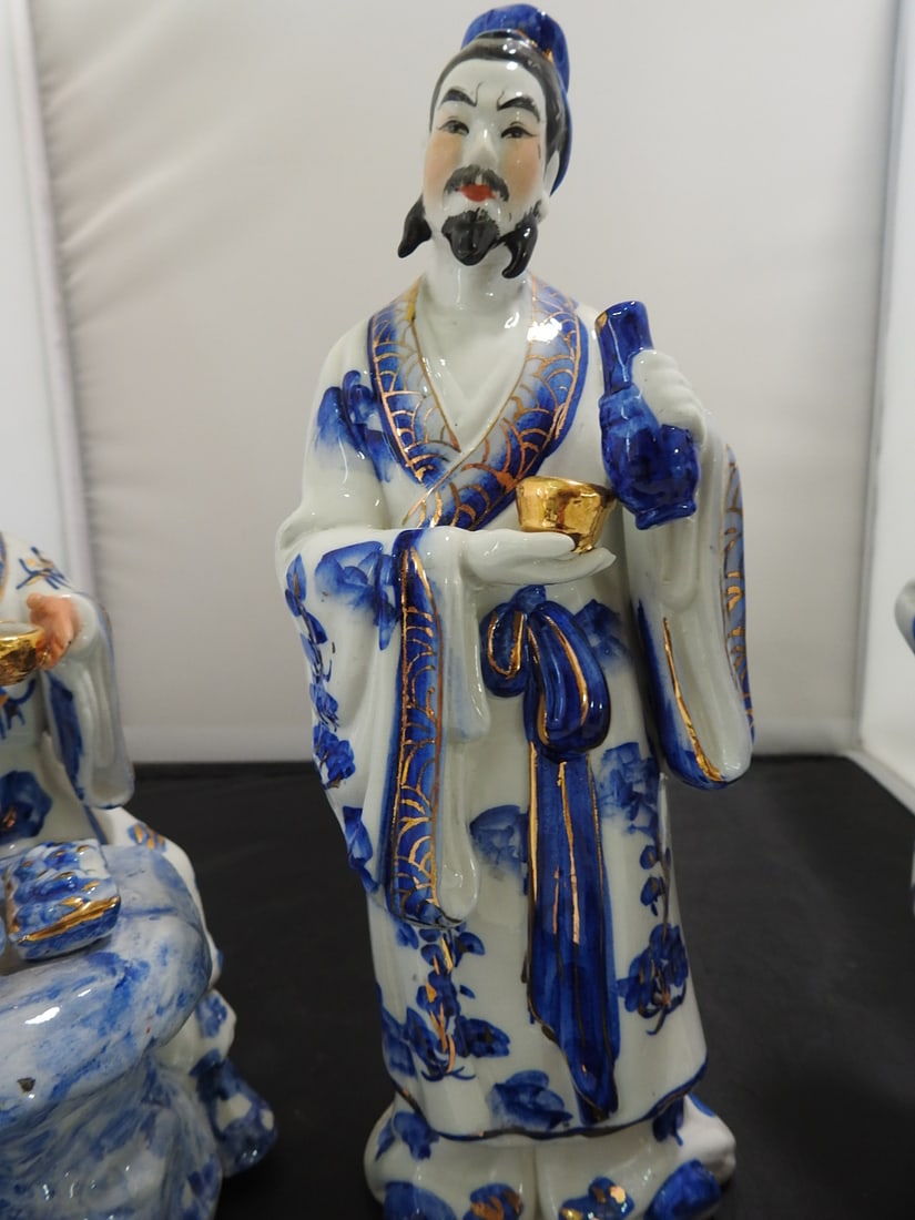 Vintage Fu Lu Shou Blue and White Porcelain Statues - 3
