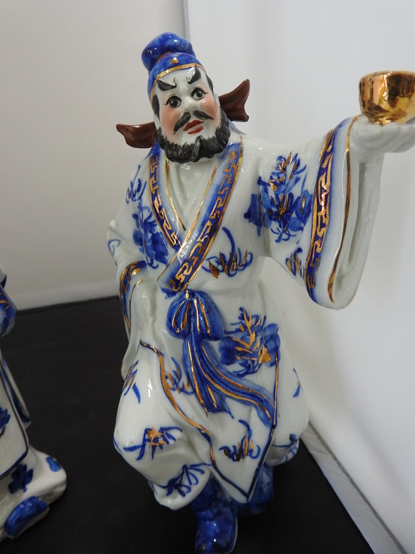 Vintage Fu Lu Shou Blue and White Porcelain Statues - 4