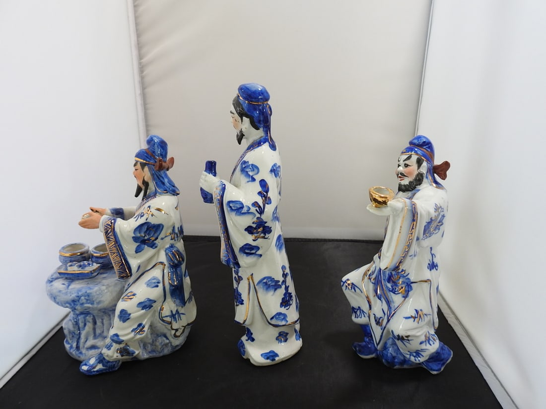 Vintage Fu Lu Shou Blue and White Porcelain Statues - 5