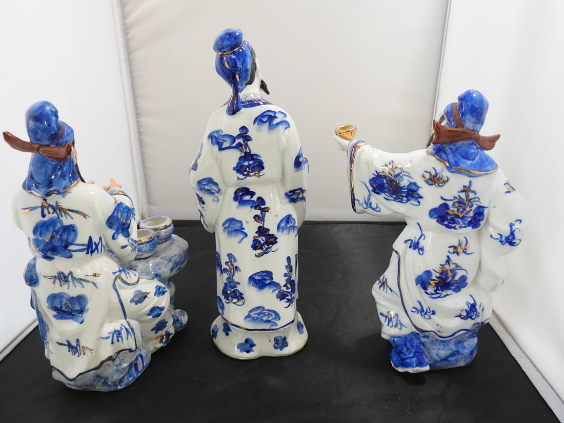 Vintage Fu Lu Shou Blue and White Porcelain Statues - 6