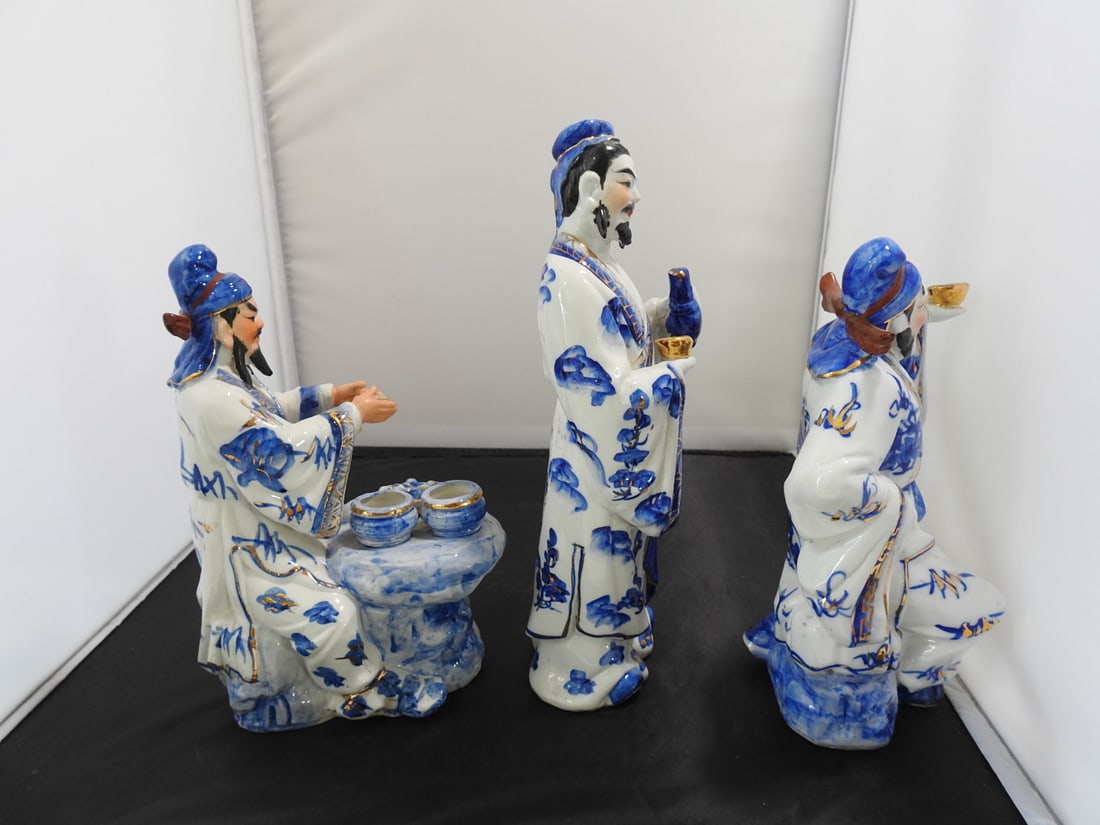 Vintage Fu Lu Shou Blue and White Porcelain Statues - 7
