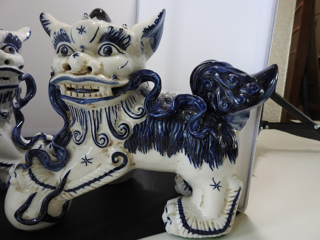 Vintage Blue and White Porcelain Foo Dogs Pair - 2