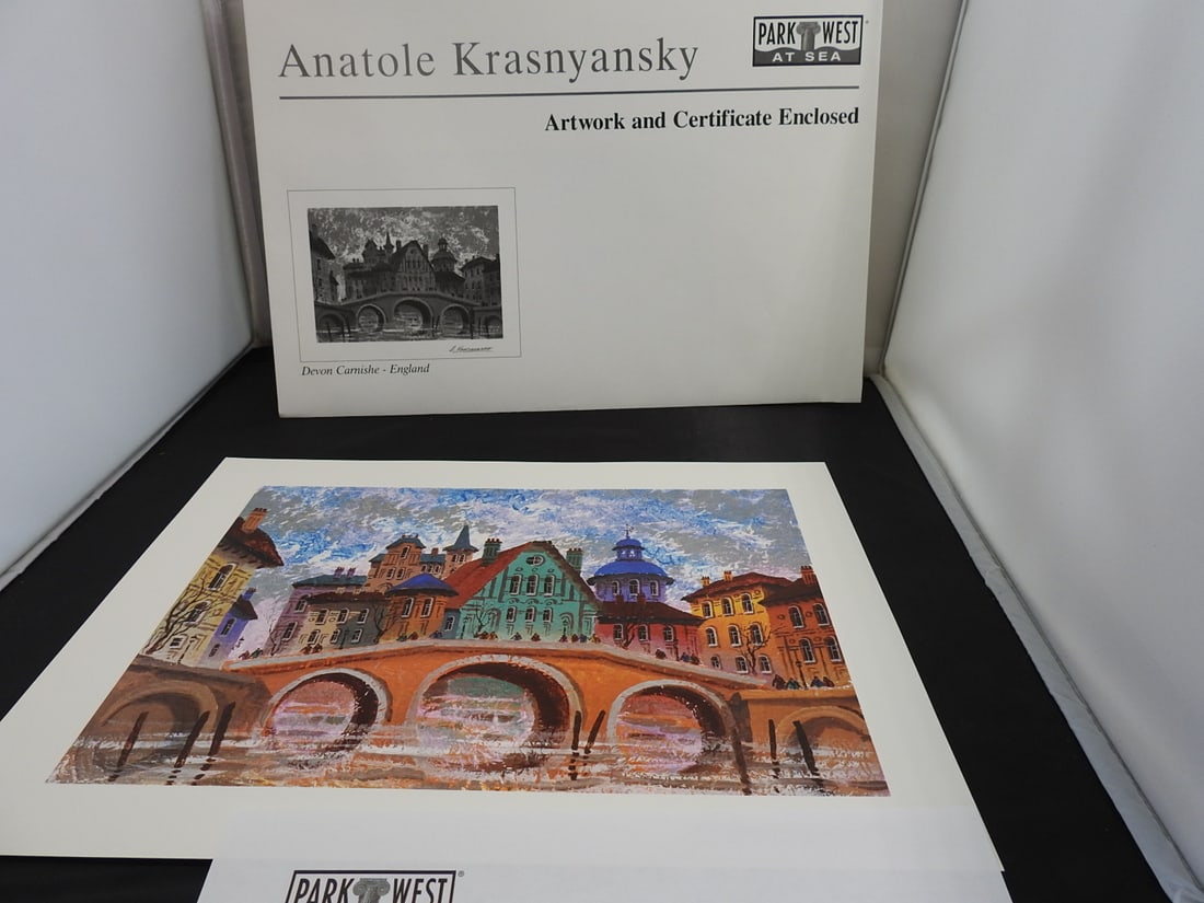 Anatole Krasnyansky "Devon Carnishe - England" Certified Art Print: Certified art print titled "Devon Carnishe - England" by Anatole Krasnyansky, presented with certificate of authenticity and folder as shown. Approx. 13.25 x 10.25 x 0.25 in.