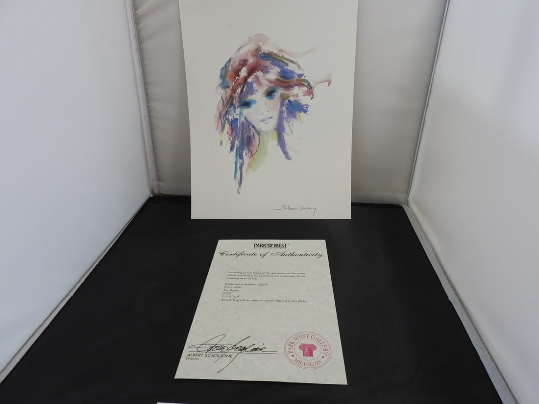 Shan Merry "Amethysta" Certified Art Print: Certified art print titled "Amethysta" by Shan Merry, presented with certificate of authenticity and folder as shown. Approx. 13.25 x 10.25 x 0.25 in.