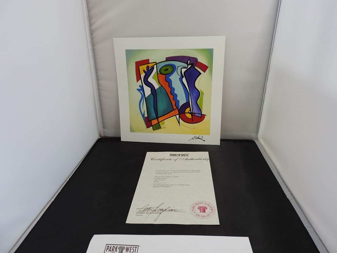 Alfred Gockel "Blue on Blue" Certified Art Print: Certified art print / seriolithograph titled "Blue on Blue" by Alfred Gockel, noted as from 2006, presented with certificate of authenticity and folder as shown. Approx. 13.25 x 10.25 x 0.25 in.