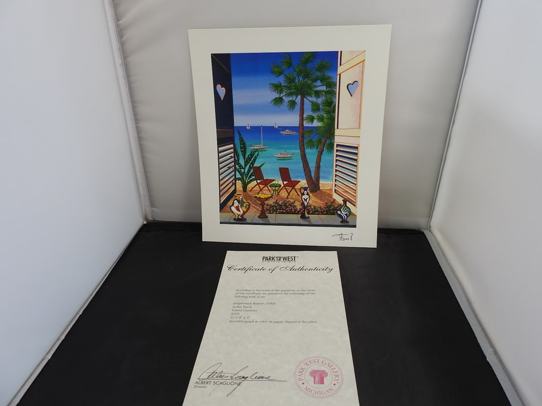 Francois Ledan "Volets Caraibes" Certified Art Print: Certified art print titled "Volets Caraibes" by Francois Ledan, presented with certificate of authenticity and folder as shown. Approx. 13.25 x 10.25 x 0.25 in.