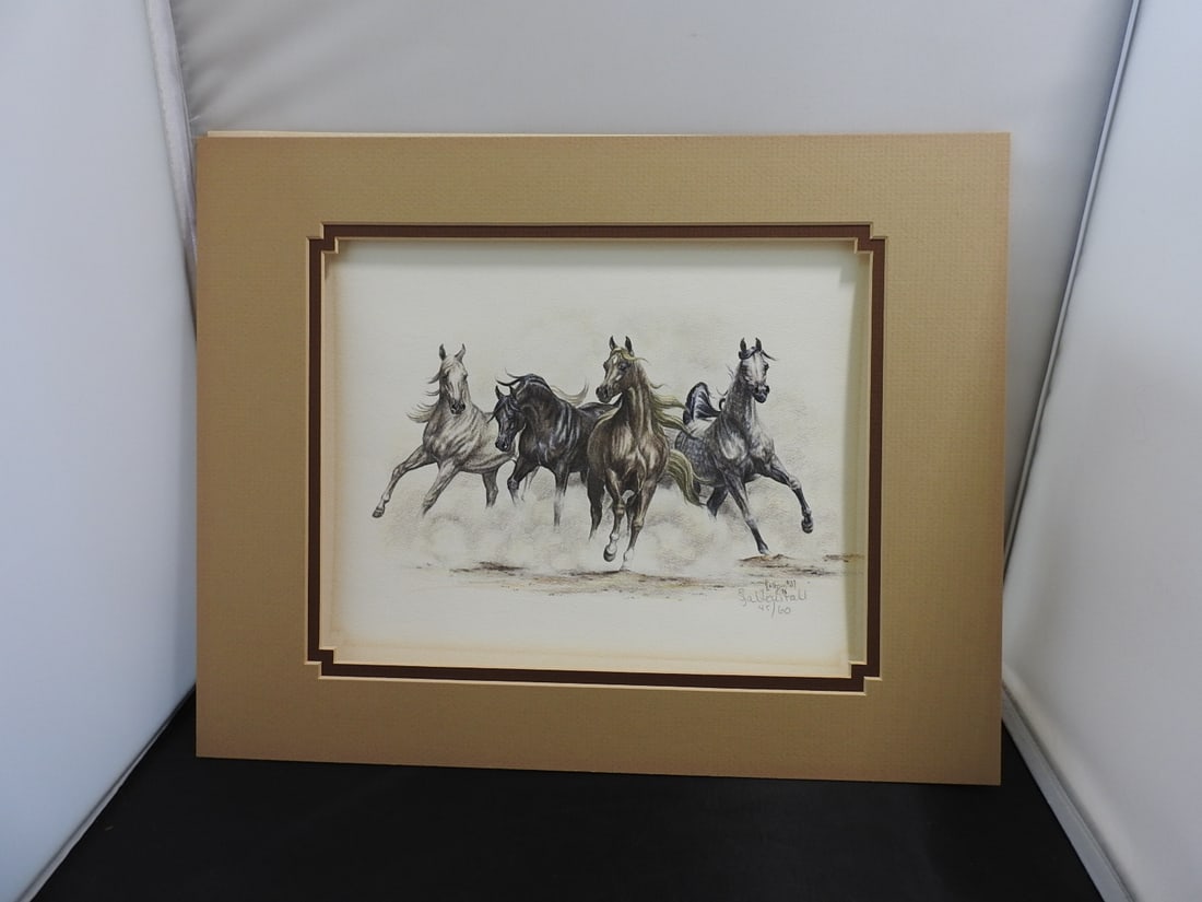 Sandy Saltonstall Arabian Horses Limited Edition Print 45/60: Matted limited edition Arabian horses print by Sandy Saltonstall, pencil signed and numbered 45/60. Approx. 14.25 x 11.25 x 0.25 in.