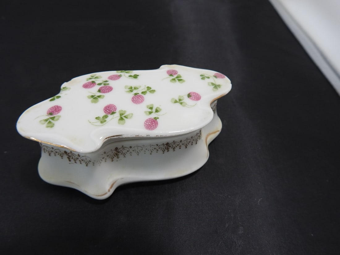 Royal Rudolstadt Prussia Porcelain Floral Trinket Box: Vintage/antique Royal Rudolstadt porcelain trinket box made in Prussia with floral decoration, shaped lid, gilt accents, and raised feet. Hairline cracks and chips noted; see photos. Approx. 2 x 4 x