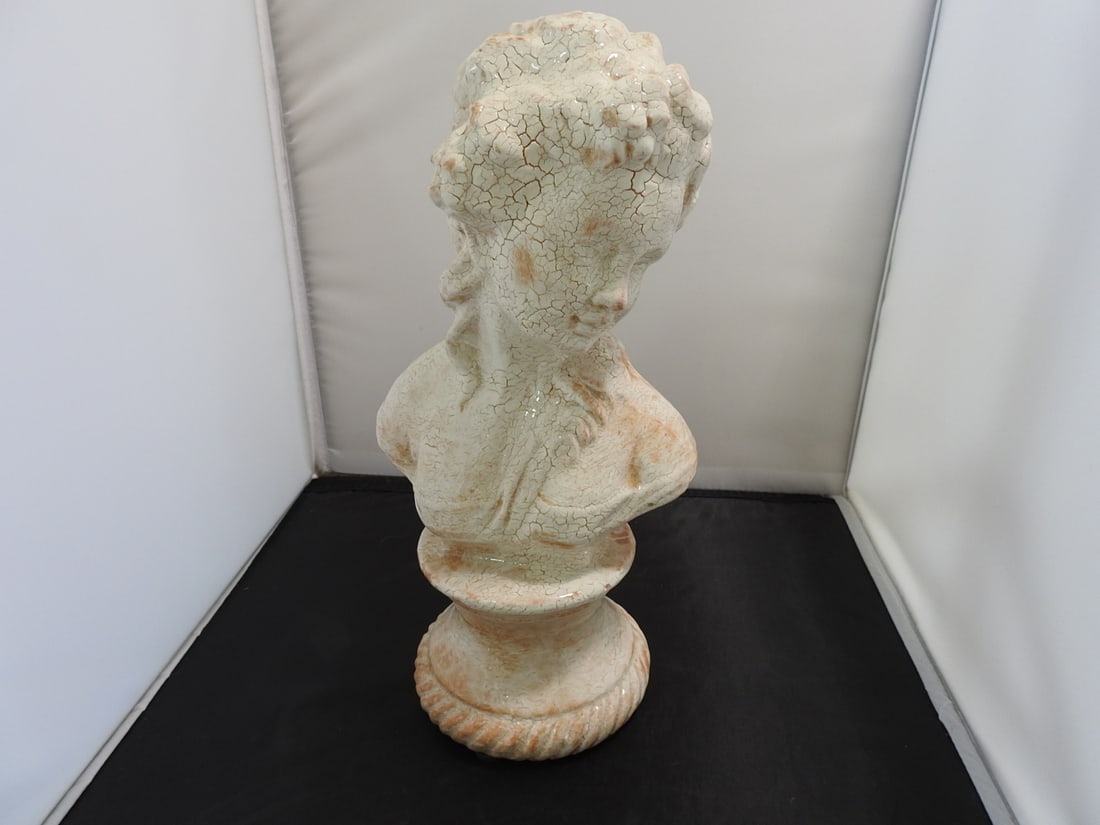 French Lady Ceramic Bust with Crackle Finish: Decorative French lady ceramic bust with crackle finish and classical-style base. Hollow underside as shown. Approx. 13 x 7 x 5.5 in.