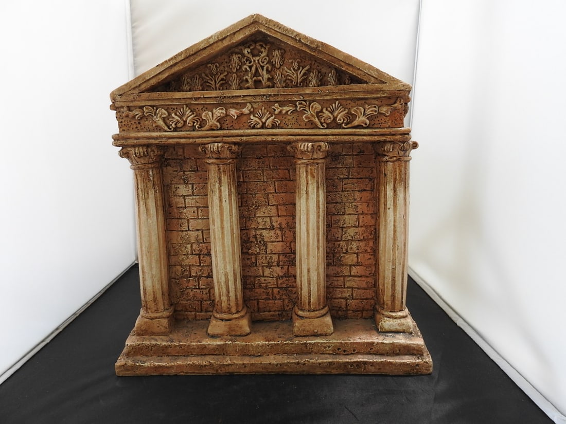 Roman Temple Style Resin Decorative Planter: Roman temple style decorative resin flower pot/planter with columned architectural facade. No drain hole; intended for silk arrangements or dried flowers. Approx. 11.5 x 10 x 5 in.