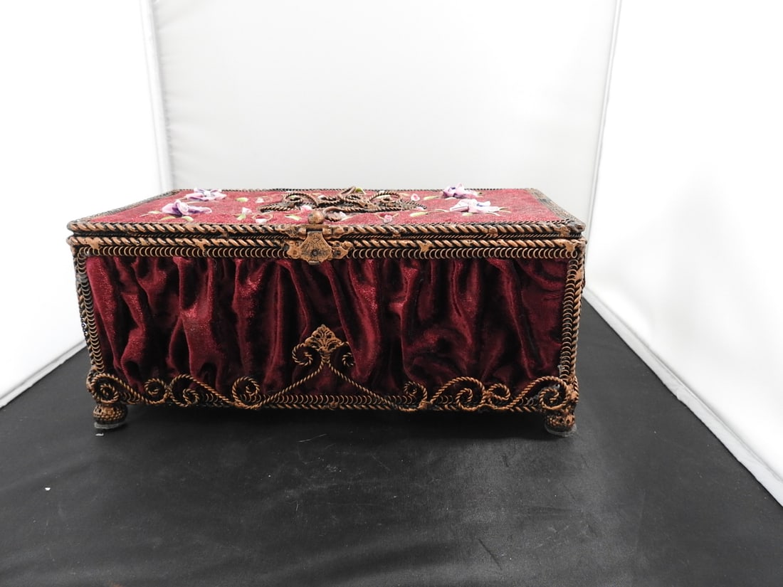 Velvet Covered Metal Tissue Box Holder: Velvet covered metal tissue box holder with four ball feet, ribbon embroidery, and hinged/opening top. Approx. 5 x 10.75 x 6 in.