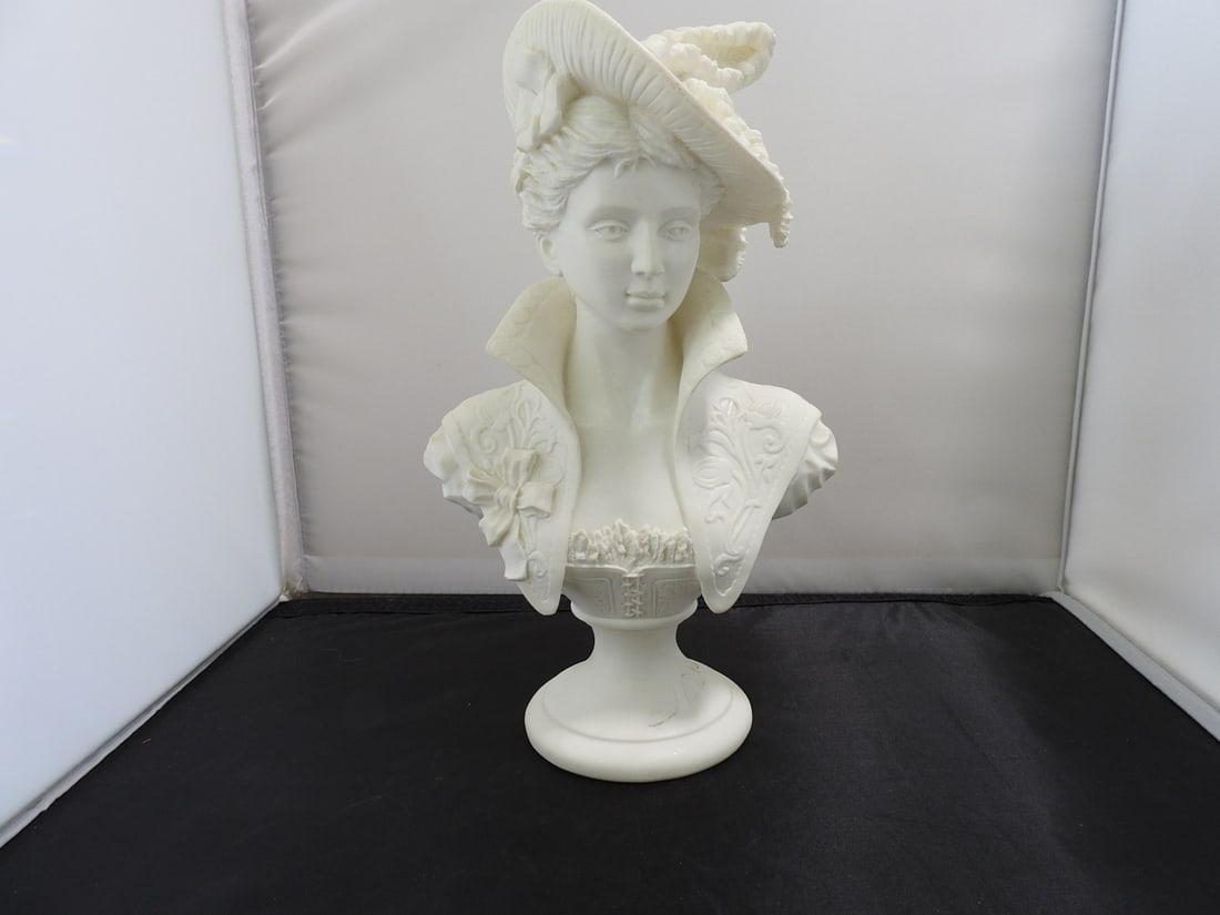 Victorian Lady Classical Resin Bust: Victorian lady classical style bust in hard resin with white marble-look finish. Approx. 10.25 x 6.5 x 5 in.