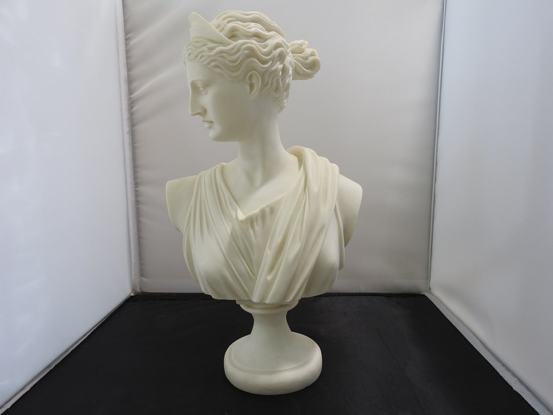 Artemis Classical Resin Bust: Classical Artemis style bust/statue in hard resin with white marble-look finish. Approx. 12.25 x 7.5 x 4.75 in.