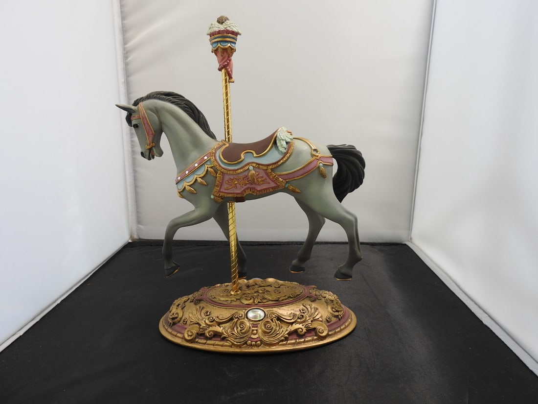 Willitts Carousel Classics Outside Row Stander with Cherub: Willitts Designs Carousel Classics hand-painted resin carousel horse titled Outside Row Stander with Cherub, by artist Ann Dezendorf, copyright 1997. Brass pole. Serial no. 09005; numbered 1655/9500.