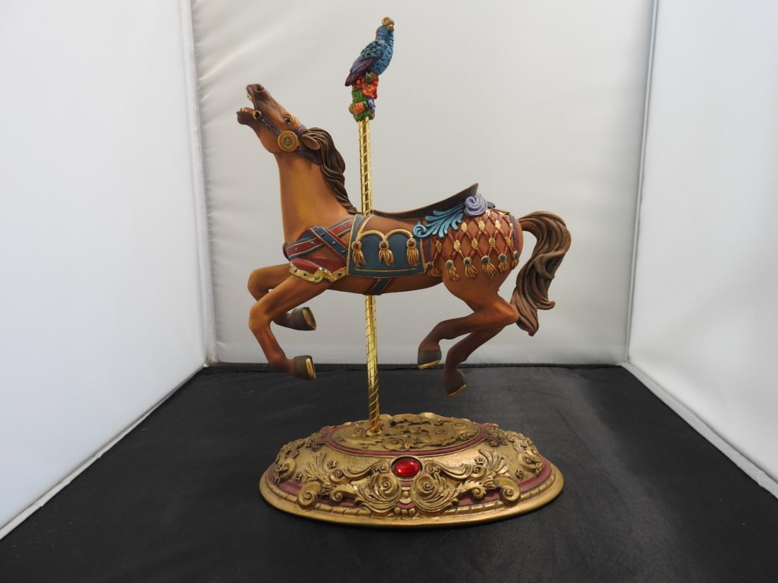 Willitts Carousel Classics Outside Row Jumper with Parrot: Willitts Designs Carousel Classics hand-painted resin carousel horse titled Outside Row Jumper with Parrot, by artist Ann Dezendorf, copyright 1997. Brass pole. Serial no. 0900; numbered 1674/9500.