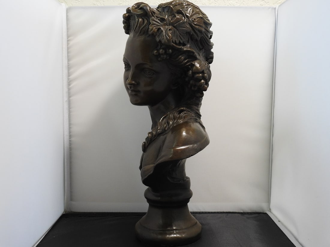 European Bronze Finery French Woman Bronze Bust: Bronze French woman bust/statue by European Bronze Finery, signed Thomas per notes. Hollow solid bronze construction on dark base. Approx. 15.75 x 8.75 x 7.5 in.