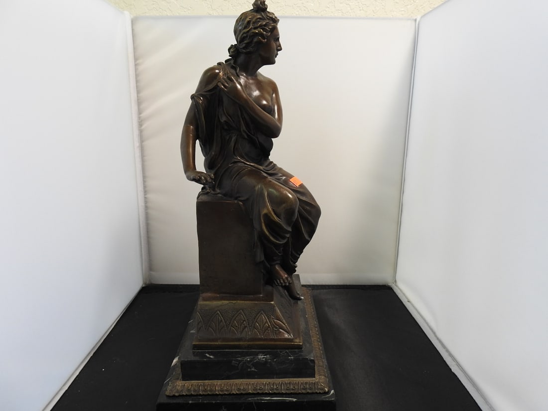 Bronze Seated Lady Statue on Black Marble Base - 11