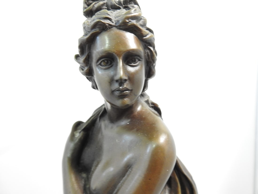 Bronze Seated Lady Statue on Black Marble Base - 2