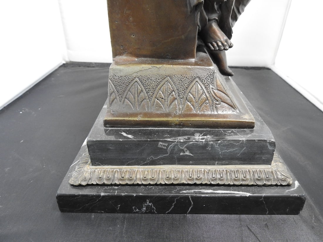 Bronze Seated Lady Statue on Black Marble Base - 5